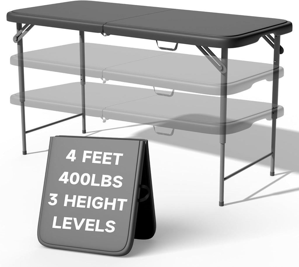 4 FT Folding Table, 3-Position Adjustable Height, Heavy Duty 400 lbs Capacity, Portable Table for Camping, Party, Indoor & Outdoor (Black, 1 Pack)