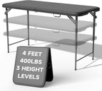 4 FT Folding Table, 3-Position Adjustable Height, Heavy Duty 400 lbs Capacity, Portable Table for Camping, Party, Indoor & Outdoor (Black, 1 Pack)