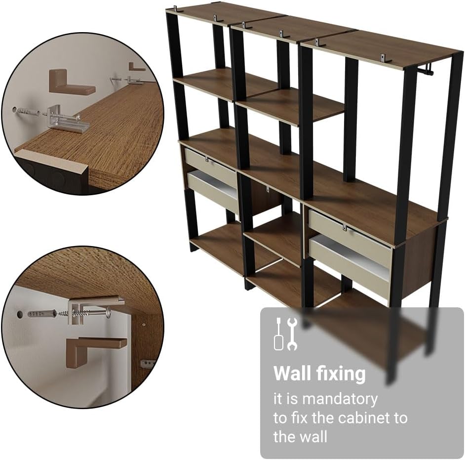 Madesa Kitchen Pantry Storage Rack with 4 Drawers, Open Shelves and Hanging Space 78" L Multiuse Modular Cabinet for Kitchen Organization - Black/Brown