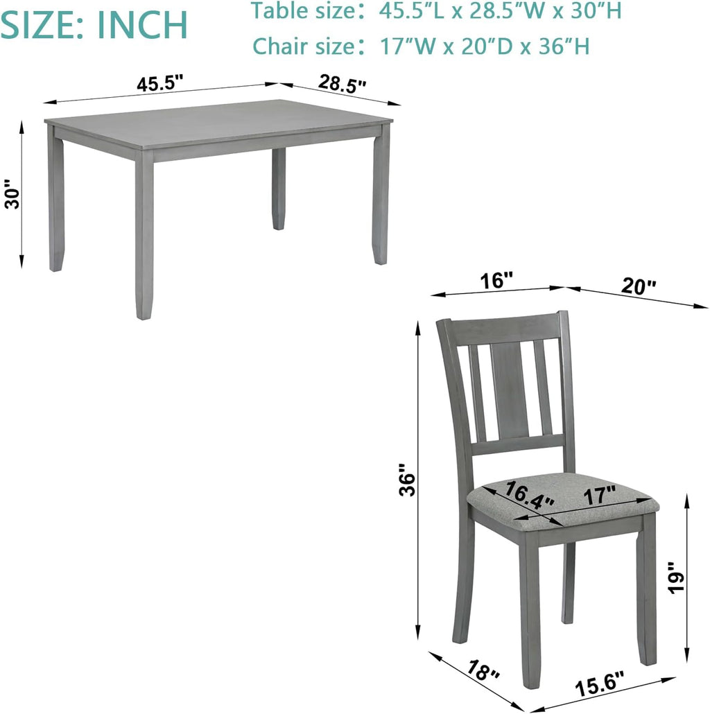 RuiSiSi 5 Piece Dining Table Set for 4, Farmhouse Kitchen Table with 4 Padded Seat Chairs, Solid Wood Dinette Set for Kitchen, Living Room, Grey