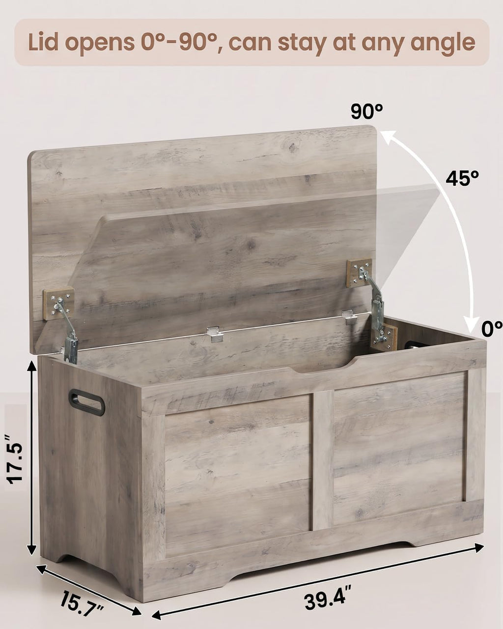 Timberer 39.4" Storage Chest, Storage Trunk with 2 Safety Hinges, Wooden Storage Bench, Shoe Bench, Entryway Bench for Living Room, Bedroom, Grey