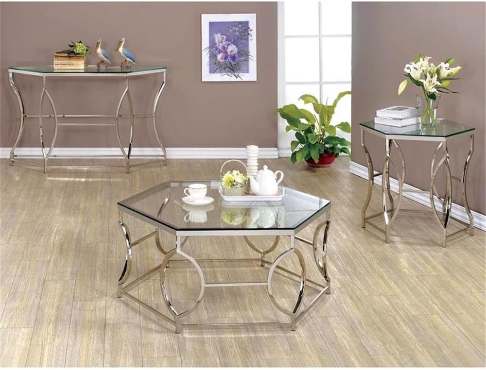 BOWERY HILL Contemporary Metal End Table, Chrome Finish, Hexagon 8mm Tempered Glass Top, Steel Frame with Circular Side Panels, Modern Geometric Design for Living Room