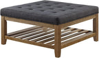 24KF Large Square Upholstered Tufted Linen Ottoman Coffee Table, Large Footrest Ottoman with Solid Wood Shelf- Charcoal