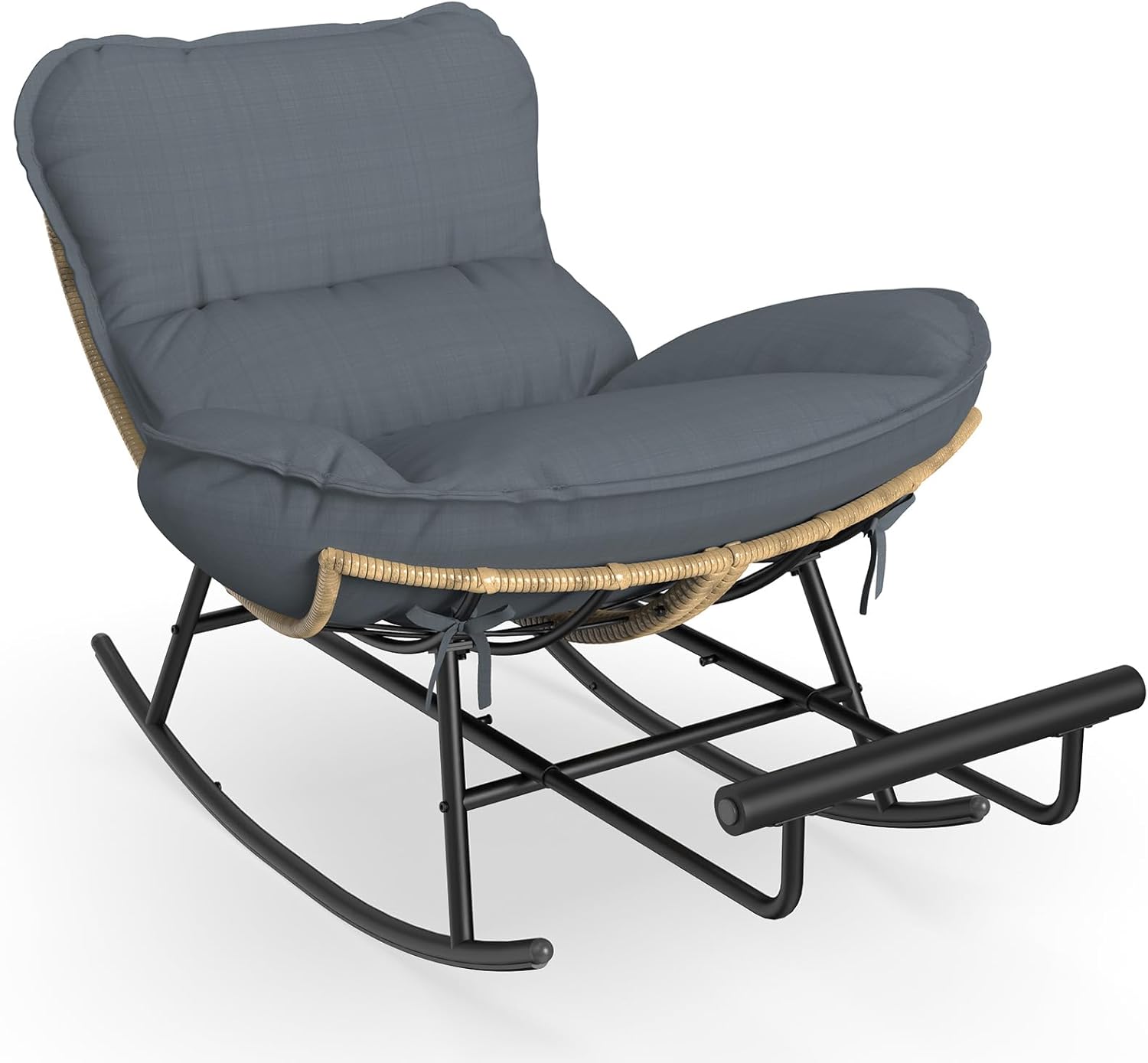 ZENPETIO Papasan Rocking Chair - 500LBS Oversized Rocer with Footrest | Outdoor Papasan Chairs with Thicker Cushion, All-Weather Wicker Rattan Cozy Rocking Chair for Indoor, Balcony, Porch, Garden