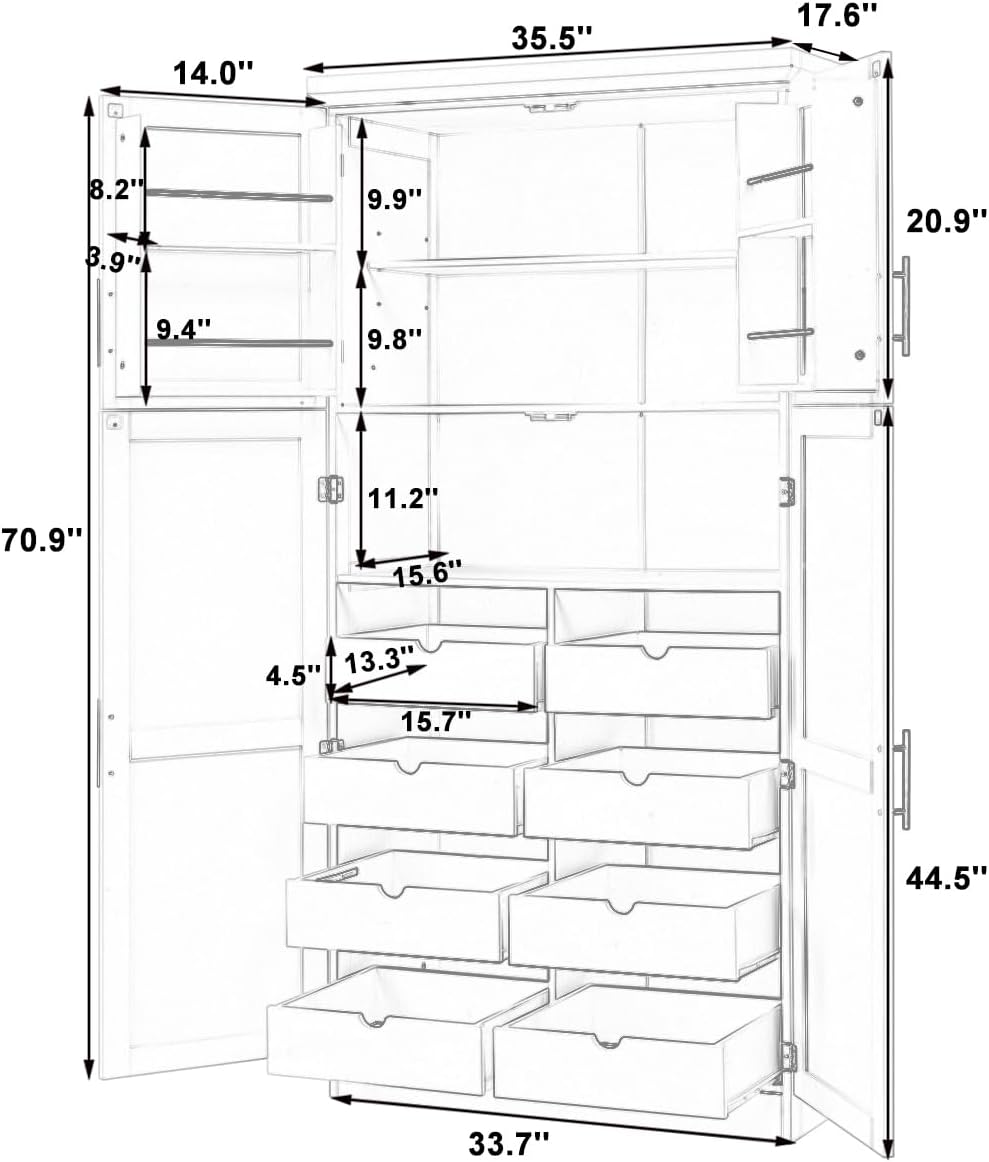 71" Kitchen Pantry Storage Cabinet, Freestanding Farmhouse Pantry Cabinet with 4 Doors, 2 Door Shelves, 8 Pull-Out Trays and Adjustable Shelf for Kitchen, Dining Room (White)