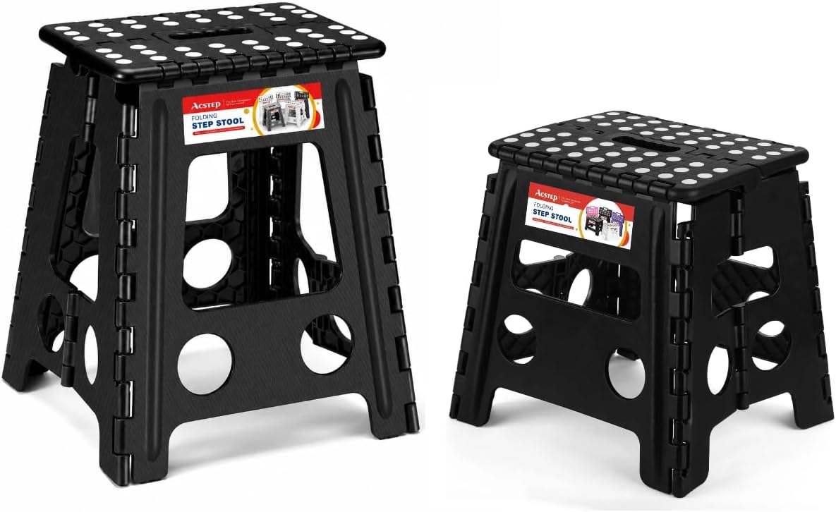 ACSTEP 16 and 13 Inch Folding Step Stool 2-Piece Set, 400/300 LB Capacity Plastic Foldable Stools with Handle, Non-Slip Step Stool, Home Use(Black & Black)