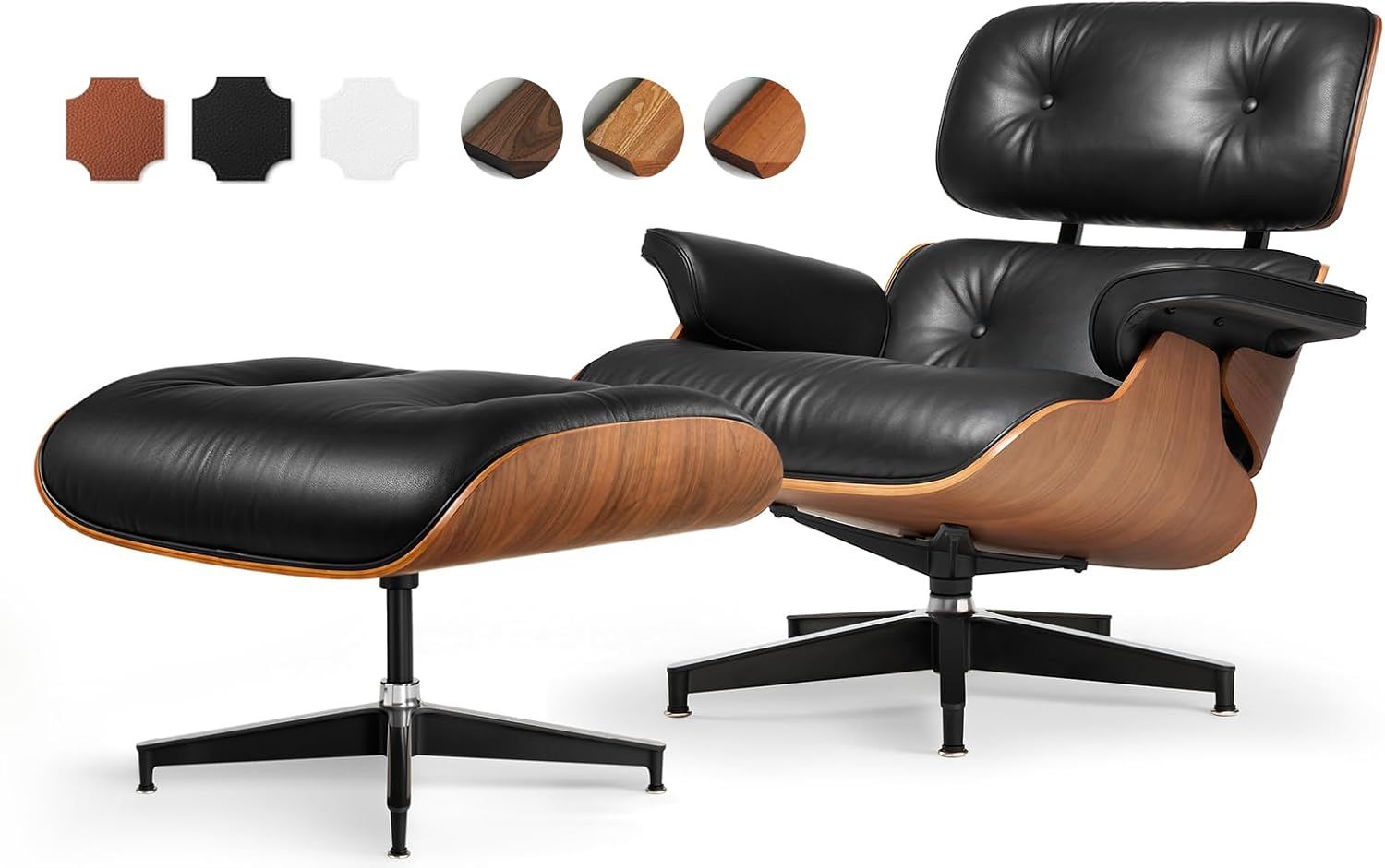 Top Grain Leather, Mid Century Chaise Lounge Chair Indoor, Chair with Ottoman, Reading Chair, Leather Accent Chair, Modern Arm Chair, Classic Design, Heavy Duty Base Support for Living Room, Walnut