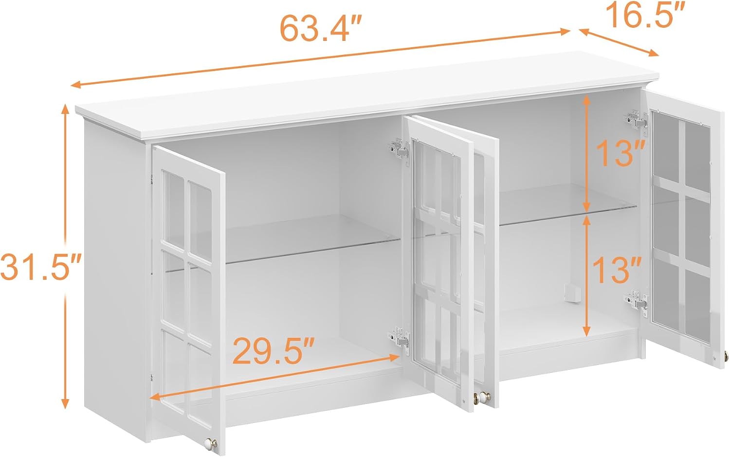 Timechee Large Cupboard, Modern Kitchen Food Pantry Storage Cabinet, White Hanging Bathroom Wall Mounted Cabinet Storage with Glass Shelf and Doors for Laundry Room(63.4"x 16.5"x 31.5")