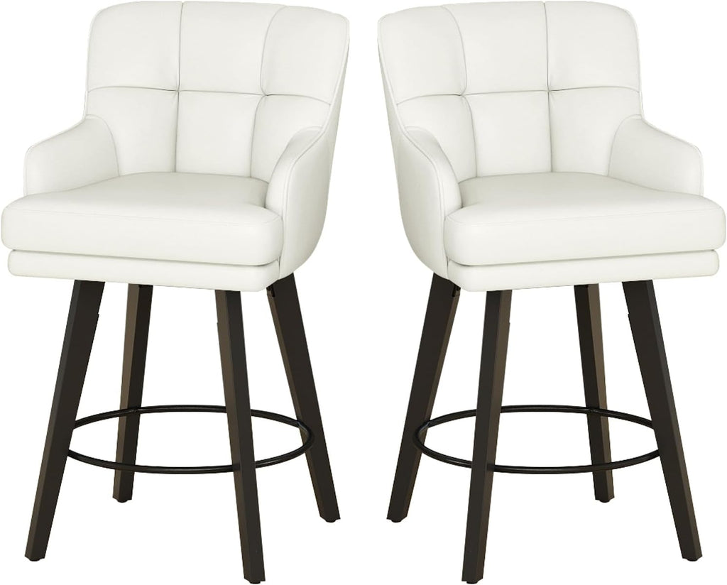 SAECKBERG 360°Swivel Counter Height Bar Stools with Back, 26 inch Solid Wood Legs, Bar Stool Modern Kitchen Island Chairs, Faux Leather (Beige- Faux Leather, 26" H- Set of 2)