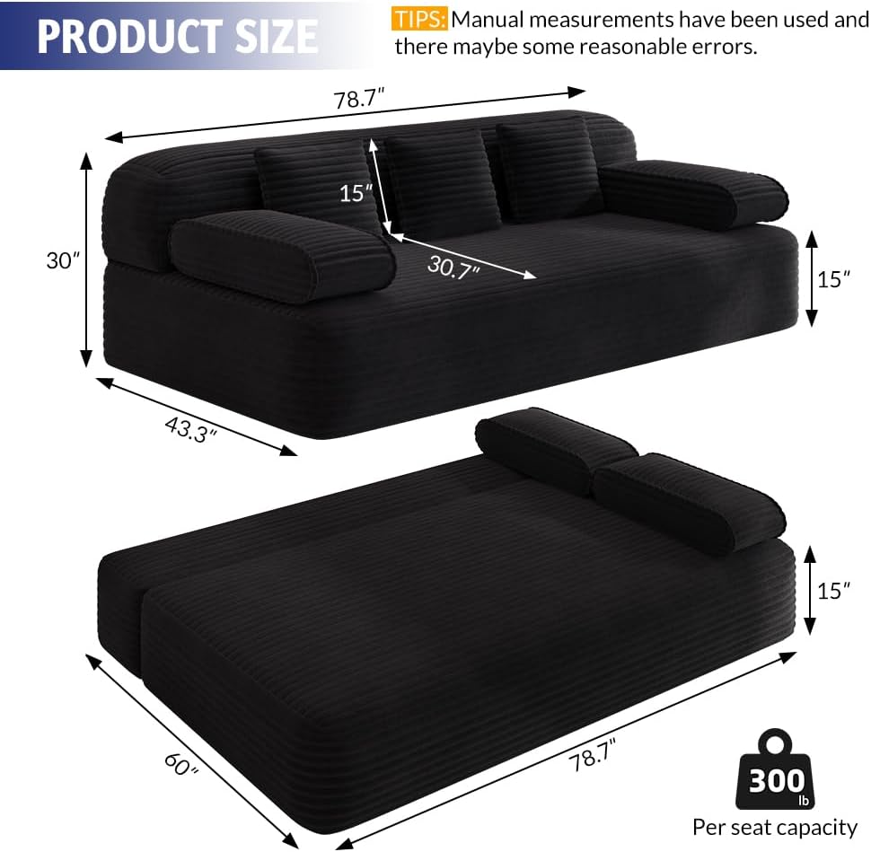 78.7'' Couches Queen, Corduroy Futon Sofa Bed, Modern Floor Couch, Cloud Convertible Sleeper Sofa Daybed, Comfy Loveseat, 3 Pillows, for Small Spaces, Living Room, Apartment, Black