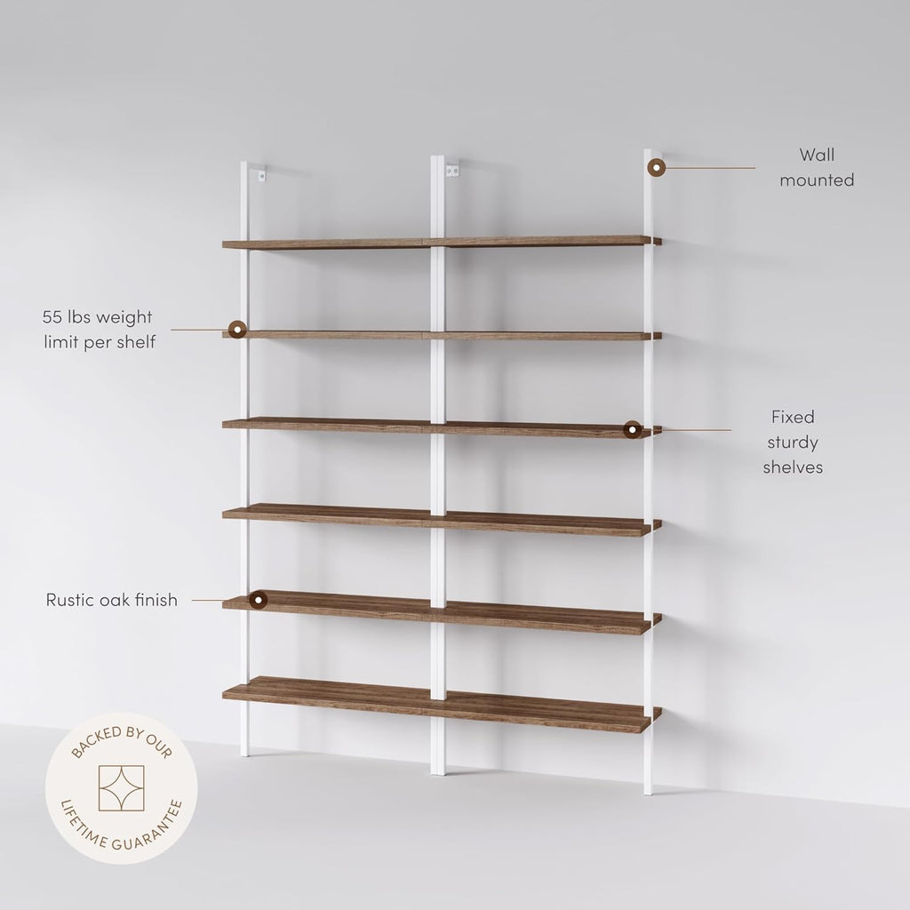 Nathan James Theo 6-Shelf Tall Bookcase, Wall Mount Bookshelf with Natural Wood Finish and Industrial Metal Frame, Rustic Oak/White, Set of 2