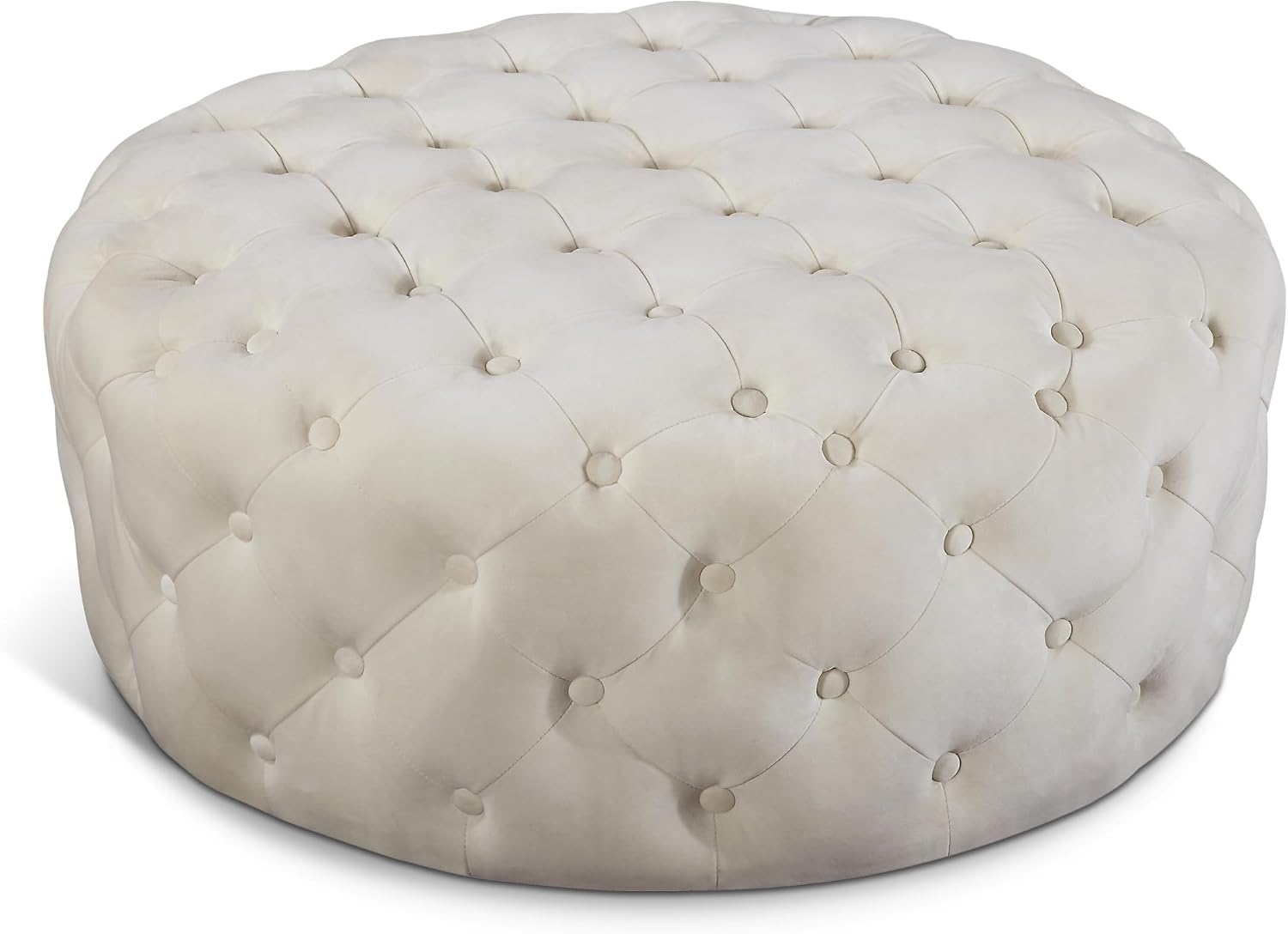 Meridian Furniture Addison Collection Modern | Contemporary Velvet Upholstered Ottoman / Bench with Deep Button Tufting, Solid Wood Frame, Cream, 36" W x 36" D x 16.5" H