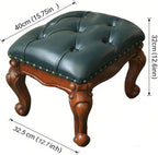 Leather Foot Stool,Vintage Footstools,Wooden Footrest,Upholstered Foot Rest for Living Room,Sofa,Entryway,Solid Wood Stool Walnut (Blue)