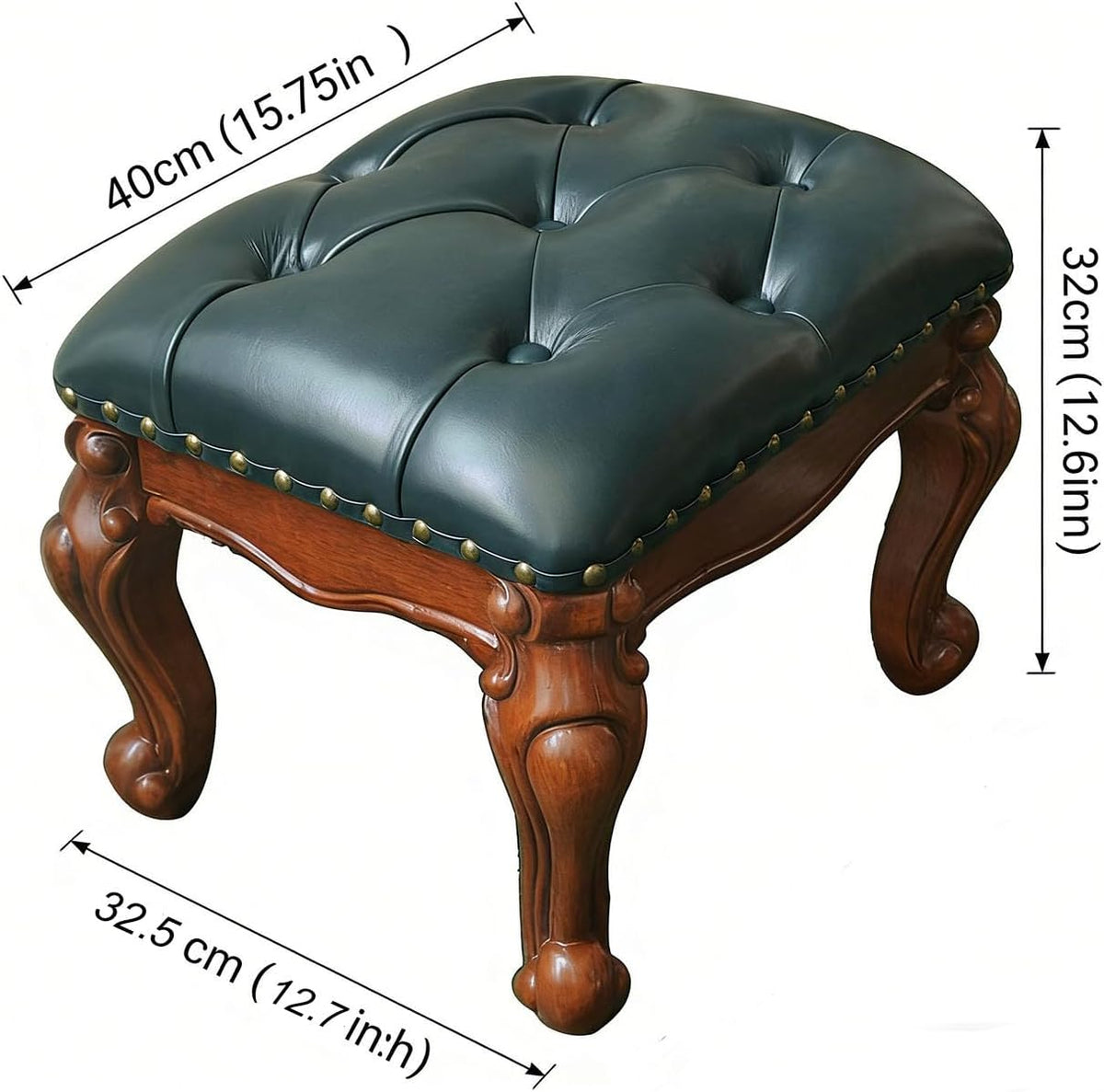 Leather Foot Stool,Vintage Footstools,Wooden Footrest,Upholstered Foot Rest for Living Room,Sofa,Entryway,Solid Wood Stool Walnut (Blue)
