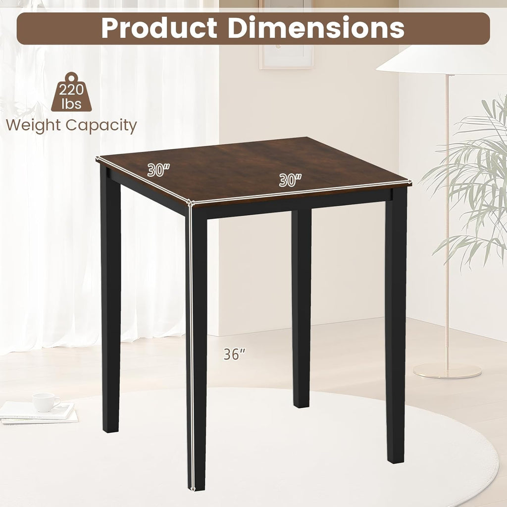 Giantex Square Dining Table for 2-4, 30"x30"x36" Kitchen Table with Solid Rubber Wood Frame, 220lbs Capacity, Space-Saving Dinner Tables for Small Space, Dining Room, Living Room, Pub (Brown + Black)