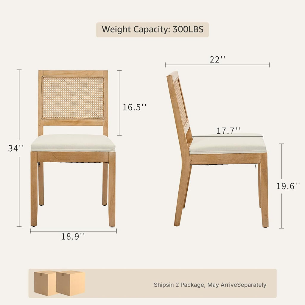 Vintage French Country Dining Chairs Set of 4, Rattan Dinning Chair with a Square Back, Beige Cane Dining Chair, Kitchen and Dining Room Chairs, Sillas para Comedor
