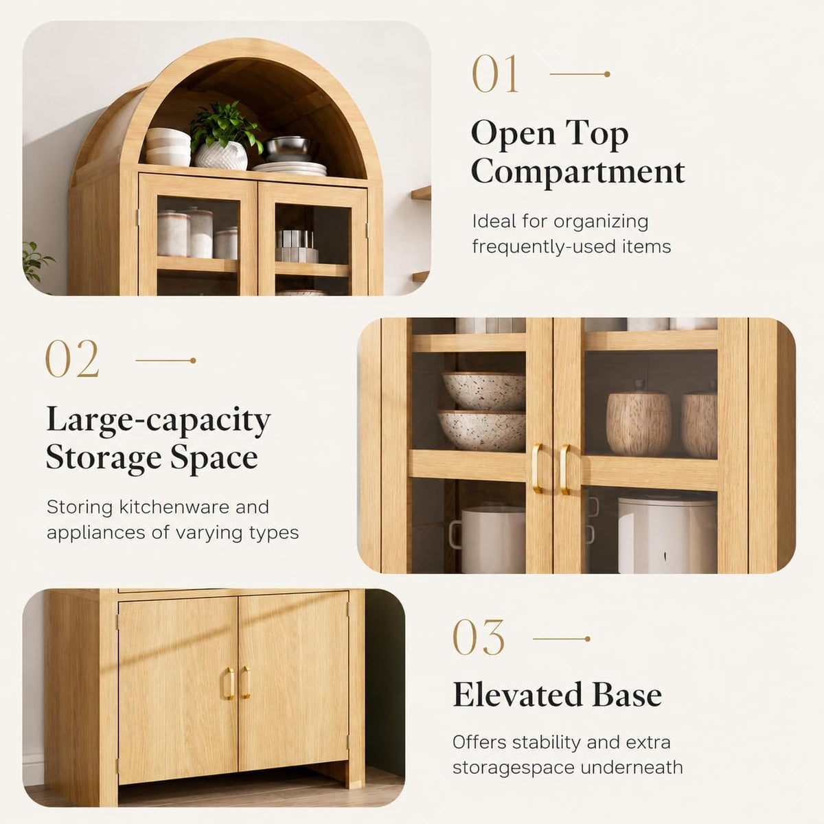 71" Tall Arched Kitchen Pantry Cabinet, Modern Farmhouse Wood Kitchens Storage Cabinets, Cupboard for Dining Room, Kitchen, Bathroom, Natural
