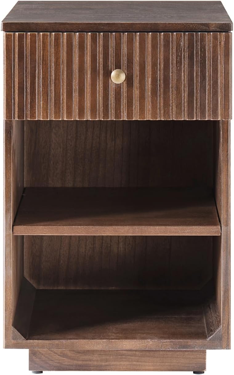 HULALA HOME Mid-Century Modern End Table with Drawer and Open Shelves, Solid Paulownia Wood Side Table, Brass Knob, No Assembly Required(Walnut)