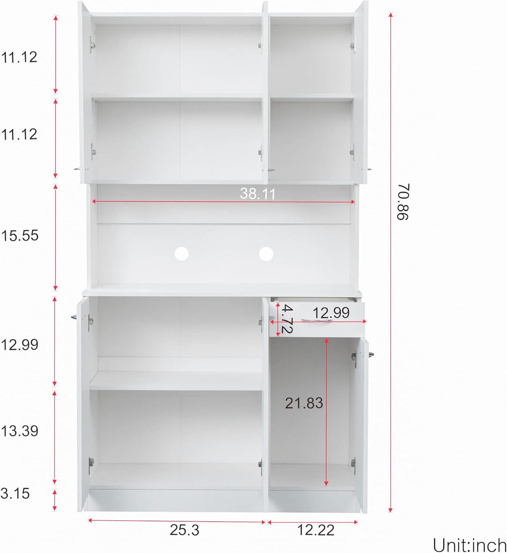 LUMISOL Kitchen Pantry Cabinet, Solid Wood Kitchen Hutch with Microwave Stand, 70.87” Tall Sideboard with 6 Doors, 1 Open Shelves and 1 Drawers for Living Room, Dining Room, White