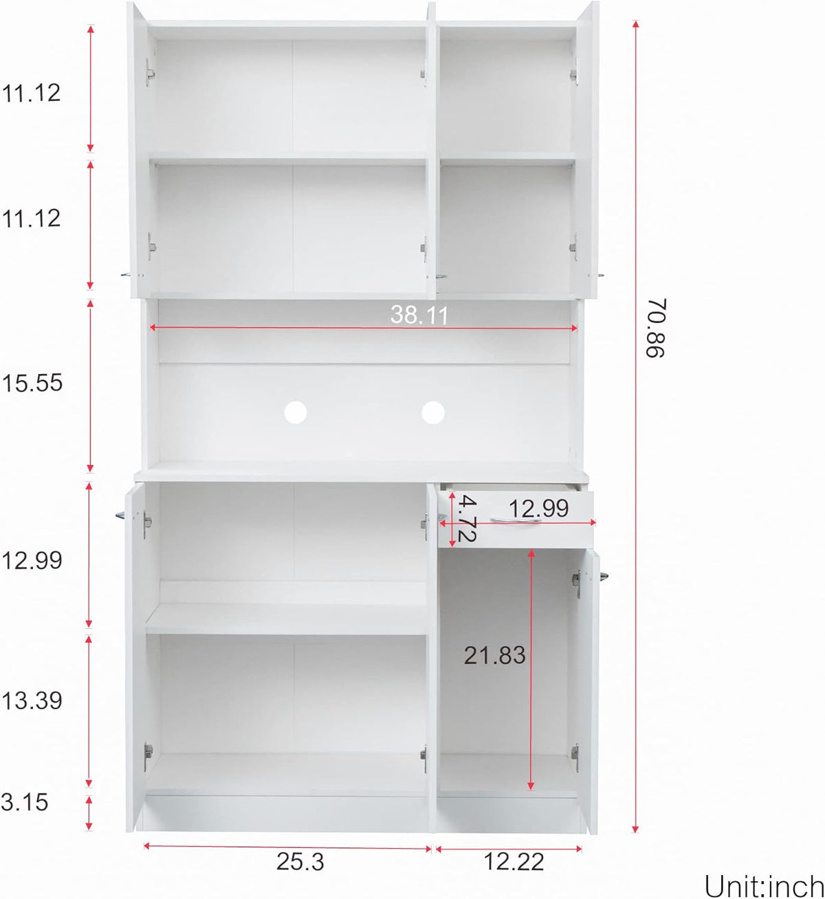 LUMISOL Kitchen Pantry Cabinet, Solid Wood Kitchen Hutch with Microwave Stand, 70.87” Tall Sideboard with 6 Doors, 1 Open Shelves and 1 Drawers for Living Room, Dining Room, White