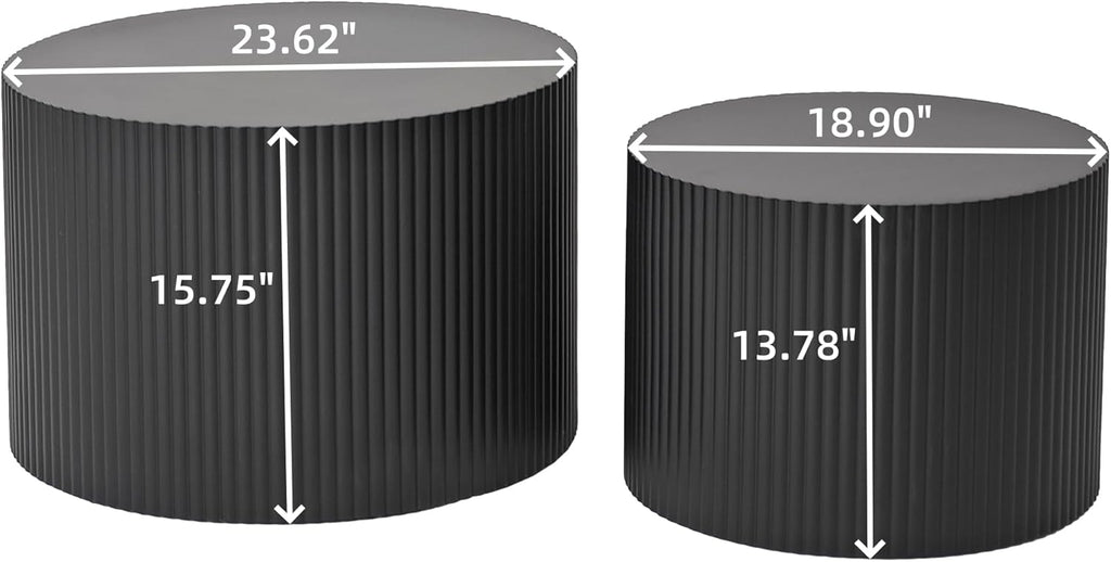 Nesting Coffee Table Set of 2, Modern Drum Side End Wave Stripe Round Coffee Table for Living Room, Bedroom, Black