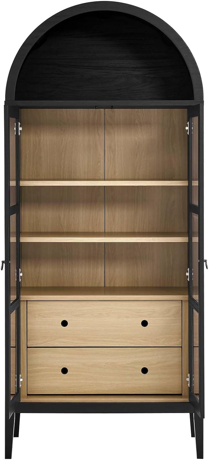 Modway Nolan Modern Farmhouse 71 Inch Tall Arched Storage Display Cabinet in Black Oak