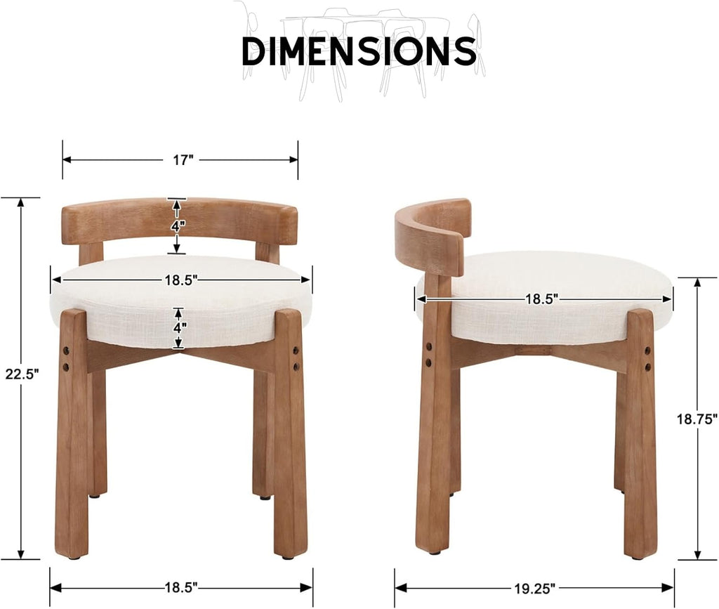 HEAH-YO Wood Vanity Chair with Back, Linen Upholstered Small Ottoman Footstool, Mid-Century Modern Makeup Chair with Solid Wood Legs for Makeup Room Bedroom Living Room, Beige