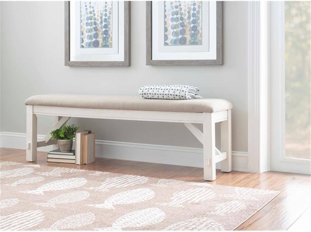 Pemberly Row 60" Wood/Fabric Bench, Smokey White Finish, Beige Upholstery, Transitional Style, Stain-Resistant Seat, Durable Construction, Comfortable Seating for Kitchen or Dining Room