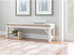 Pemberly Row 60" Wood/Fabric Bench, Smokey White Finish, Beige Upholstery, Transitional Style, Stain-Resistant Seat, Durable Construction, Comfortable Seating for Kitchen or Dining Room