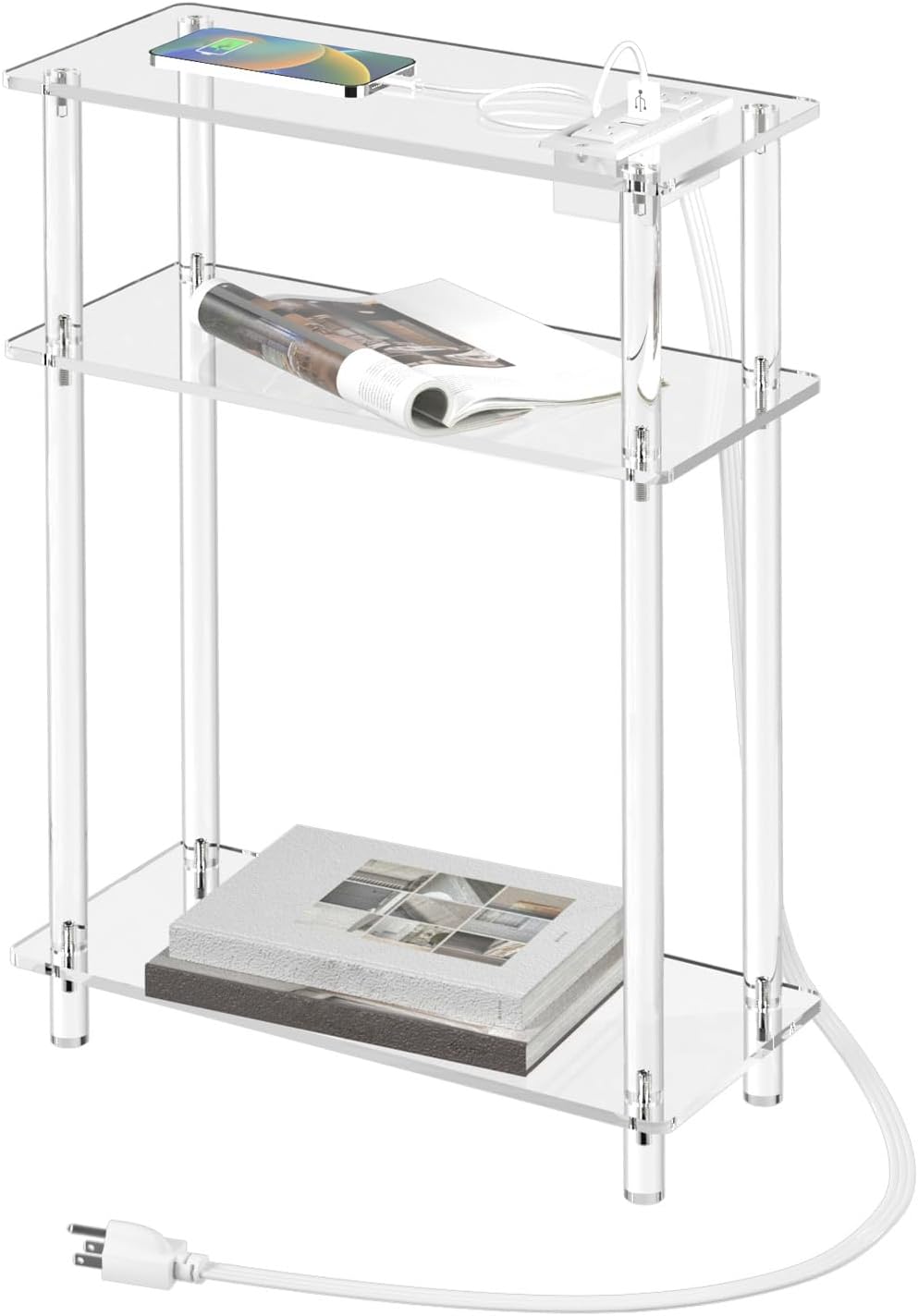 HMYHUM Acrylic Narrow Side Table with Charging Station, 7" Width, 3 Tier Small End Table for Small Spaces, Skinny Nightstand/Bedside Table with USB Ports & Outlet, Clear