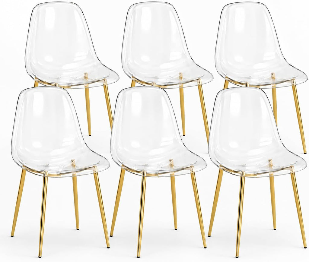 JUFU Acrylic Dining Chairs Set of 6, Modern Clear Chairs with Transparent Seat, Ergonomic Acrylic Side Chairs with Gold Metal Legs for Dining Room, Kitchen, Living Room