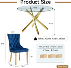 Round Glass Dining Table Set for 4, Small Kitchen Table Set for 4, 47" Circle Gold Glass Dinner Table for 4 with Navy Blue Velvet Chairs, 5 Piece Dining Room Table Set for 4 for Breakfast Dinette Cafe