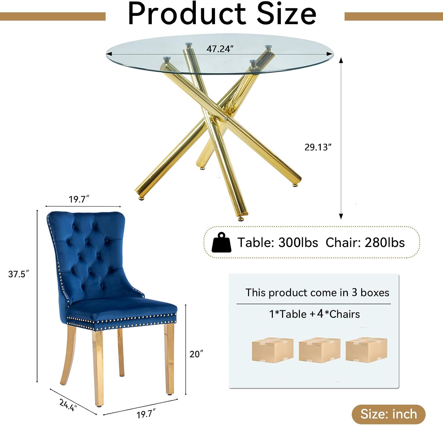 Round Glass Dining Table Set for 4, Small Kitchen Table Set for 4, 47" Circle Gold Glass Dinner Table for 4 with Navy Blue Velvet Chairs, 5 Piece Dining Room Table Set for 4 for Breakfast Dinette Cafe