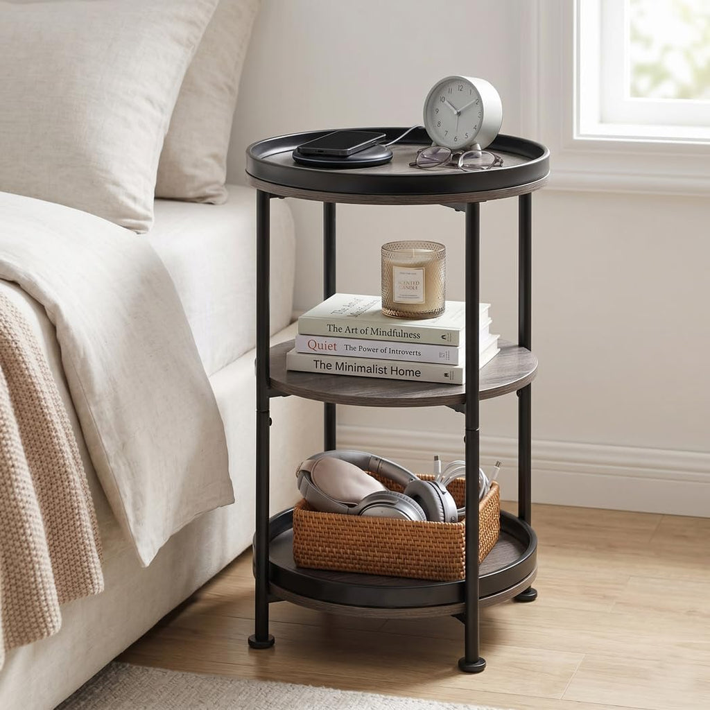 Dulcii Round Side Table with 3 Shelves for Living Room, Bedroom Nightstand with Steel Frame for Small Spaces, Industrial Round Sofa Table (Classic, Grey)