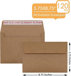 120 Qty A9 Invitation Envelopes 5.75x8.75, Self Seal 120GSM Brown Kraft Paper Envelopes for Invitations, Papers, Photos, Documents, Wedding, Baby Shower, Easy to Seal and Peel