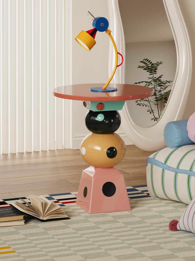 Colorful Stacked Side Table – Modern Memphis Style Geometric Accent Table, Playful Multi-Color Shapes for Bright Living Room Design