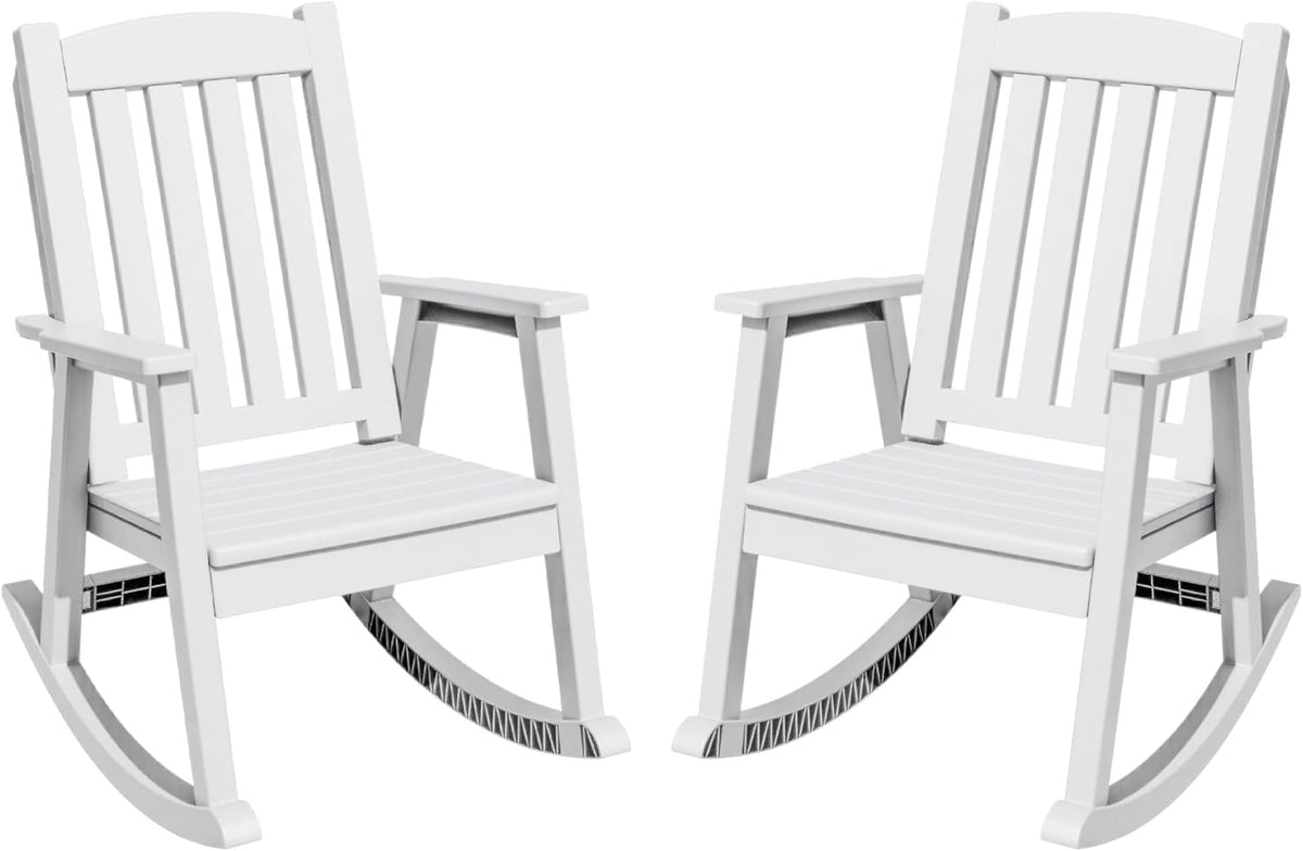 Greesum Outdoor Plastic Rocking Chair Set of 2, Patio Rocking Chair for Outside, Waterproof & Rust-Proof, Supports 300 lbs, Suitable for Garden Lawn Front Porch Poolside – White