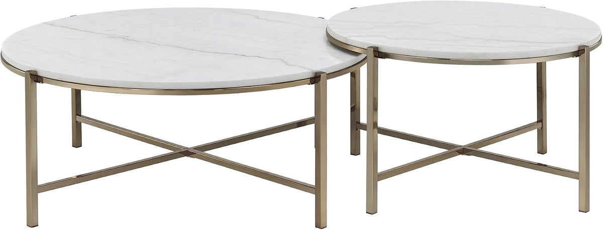 Marble Top & Nickel Finish Nesting Table Set with White | Luxurious 2-piece nesting table set with natural marble tops and nickel finish