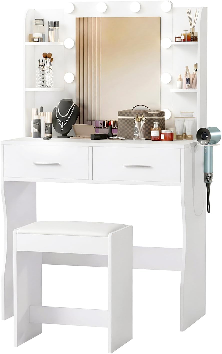 ‌FDW Vanity Desk with Mirror and Lights, 2-Drawer Makeup Vanity Desk with 3 Adjustable Light Colors, 6 Shelves and Power Outlets for Bedroom, White