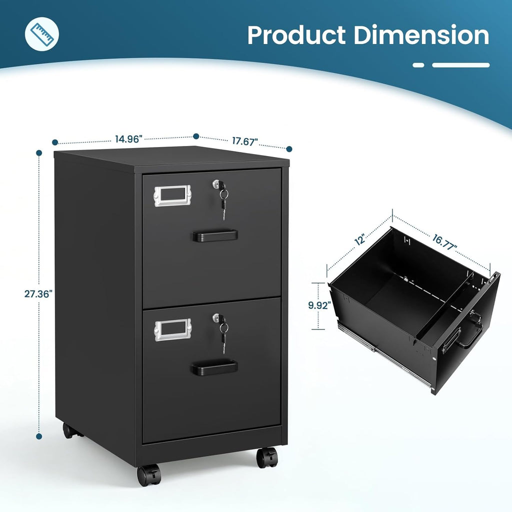 MIIIKO 2 Drawer File Cabinet with Lock, Vertical Metal Filing Cabinets for Home Office, Lockable Storage File Cabinets Under Desk, A4/Letter File Folders(Black)-Assembly Required