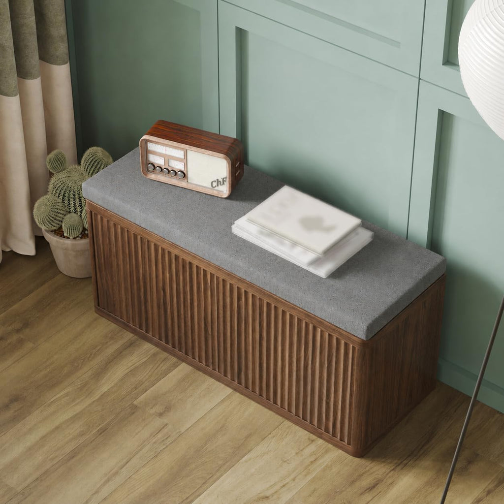 Entryway Shoe Storage Bench with 2" Cushion, 37.4" Small Bench with Shoe Rack, Cabinet Organizer for Hallway, Bedroom End of Bed (Walnut)
