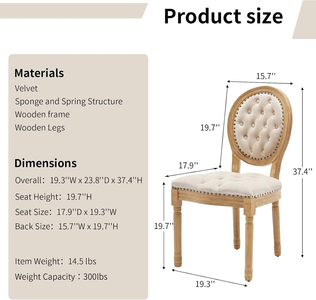 Vintage French Country Dining Chairs Set of 6, Velvet Dining Chair with Solid Wood Legs, Beige Upholstered Dining Chairs, Sillas para Comedor, Kitchen & Dining Room Chair (Beige, 6Pcs)
