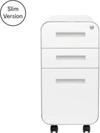 Laura Davidson Furniture Stockpile Slim 3-Drawer Mobile File Cabinet with Lock - Under Desk Metal Filing Cabinet, Legal/Letter File Folders, Wheels and Stationary Feet, Pre-Assembled, White
