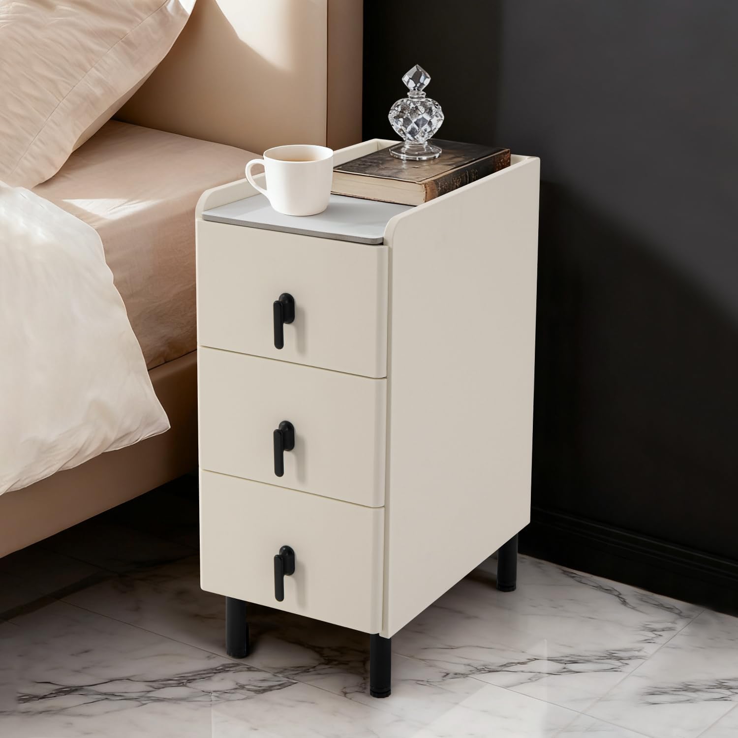 Homcosan Night Stand Small Size 9.84", Modern Minimalist Bedside Table with 3 Drawer, Easy Assembly, Narrow End Table for Small Space, Bedroom, Vanity, Dorm (Cream)