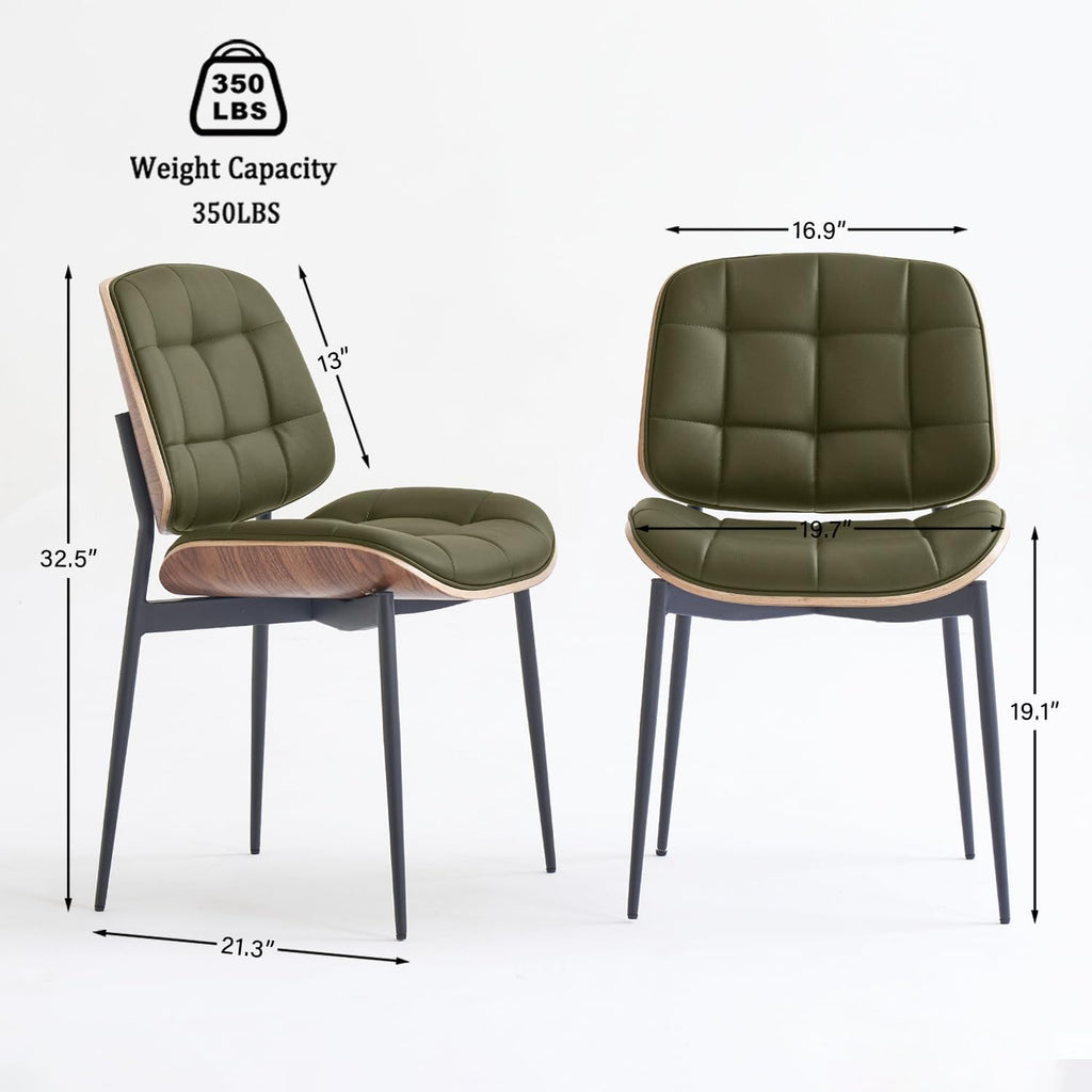 GrandNoor Mid Century Modern Dining Chairs with Walnut Grain Back, Green Faux Leather Dining Room Chairs Set of 4, Checkered Soft Cushion Kitchen Chairs with Adjustable Foot Pads