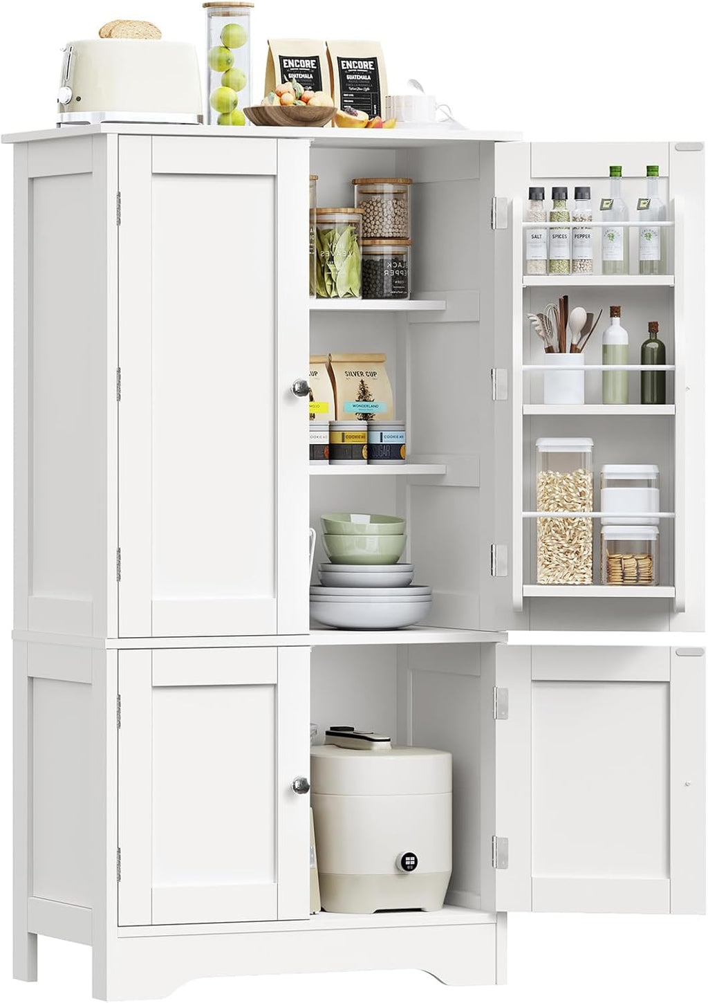 TEENFON 43'H Pantry Cabinet with 4 Doors, Kitchen Cabinet with 6 Door Shelves, Storage Cabinet-Kitchen Pantry for Living Room, Dining Room, Bathroom, White