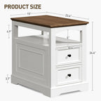 RALGEND Farmhouse End Table with 2 Drawers, Narrow Sofa Side Table with Storage and Open Shelf, Wooden Nightstand for Small Spaces, Bedroom, Living Room, White and Walnut