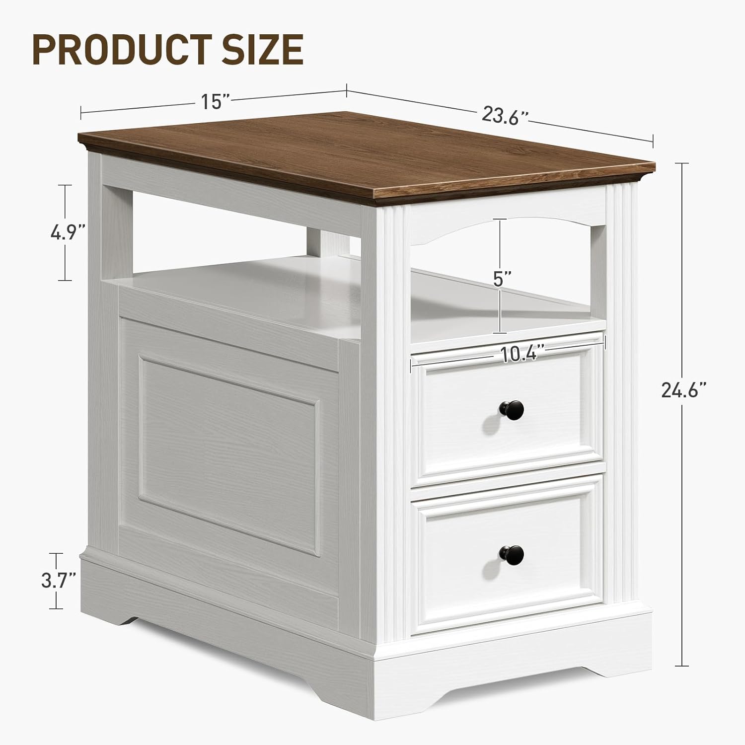 RALGEND Farmhouse End Table with 2 Drawers, Narrow Sofa Side Table with Storage and Open Shelf, Wooden Nightstand for Small Spaces, Bedroom, Living Room, White and Walnut