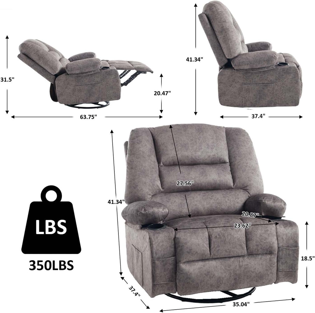 KCQ Oversized Swivel Rocker Recliner Chair with Massage Heat Cup Holders, Overstuffed Fabric Heated Massaging Swivel Glider Chair Rocking Recliner Chair, Grey