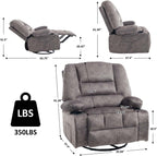 KCQ Oversized Swivel Rocker Recliner Chair with Massage Heat Cup Holders, Overstuffed Fabric Heated Massaging Swivel Glider Chair Rocking Recliner Chair, Grey